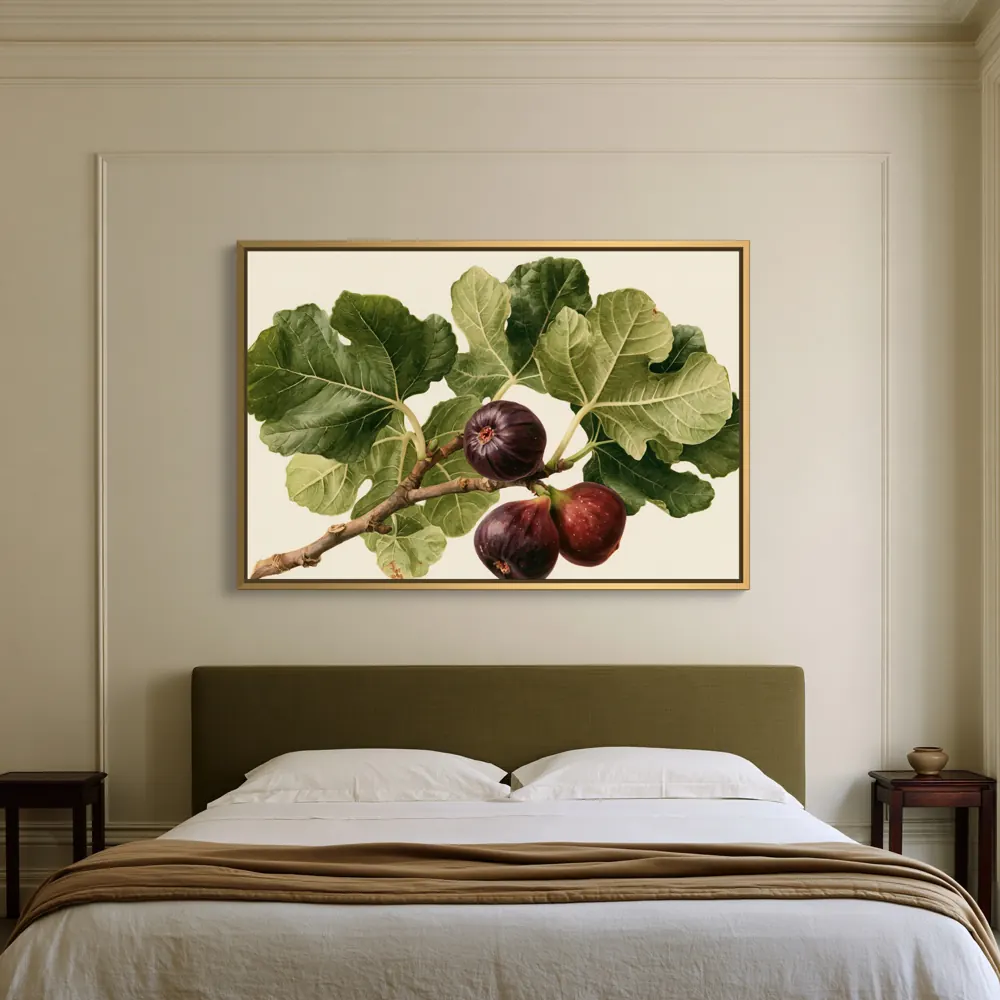 The same fig artwork above a bed with an olive headboard