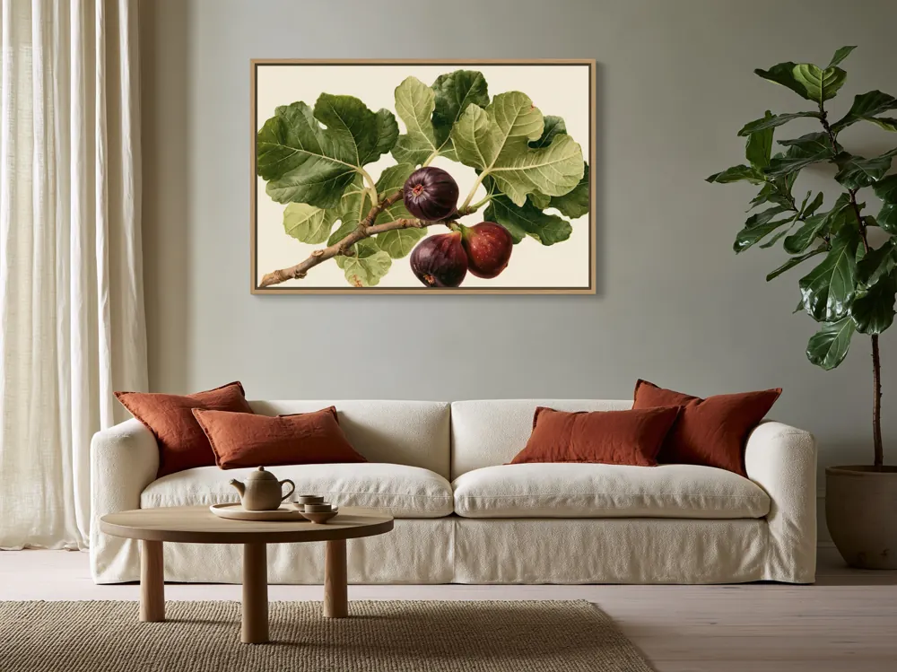 The same fig artwork in a cream living room above a linen sofa