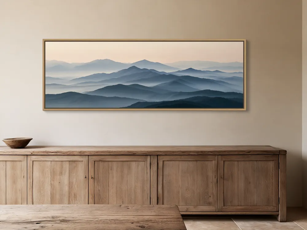 A misty mountain panorama as a floating-frame canvas in the Farmhouse oak dining trio