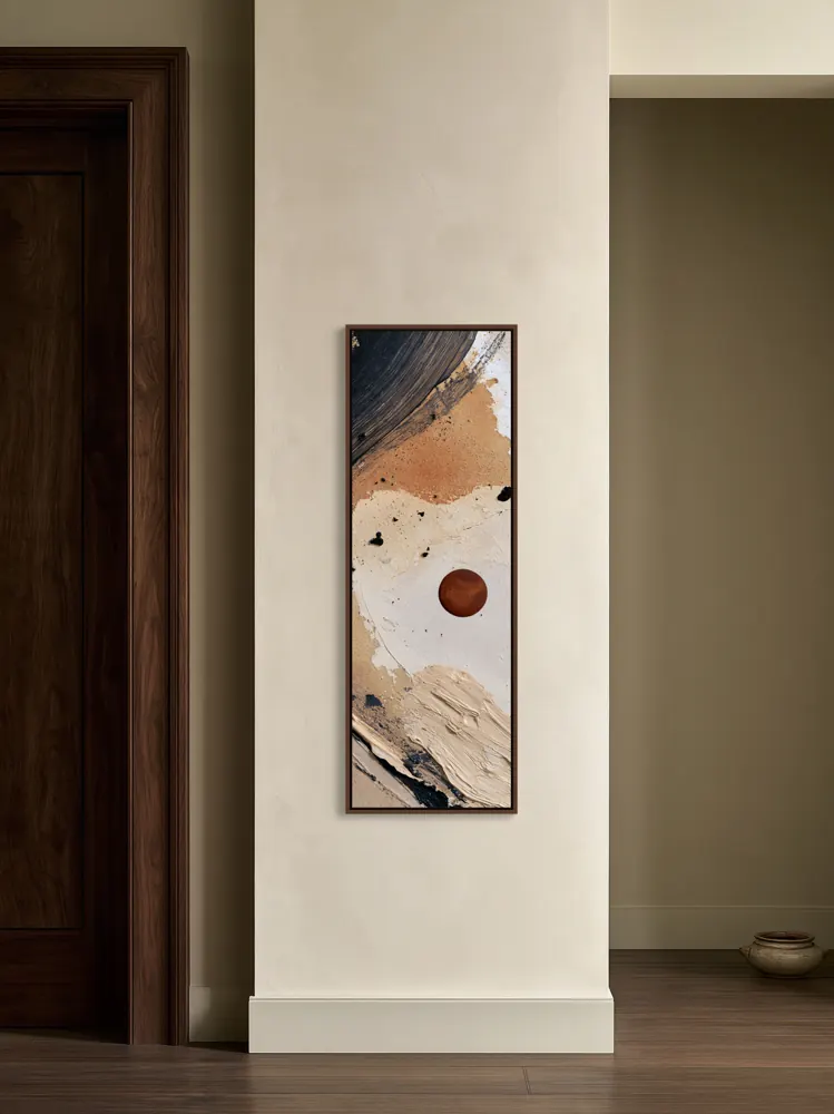 A textured neutral abstract as a floating-frame canvas in the Cream doorway pier
