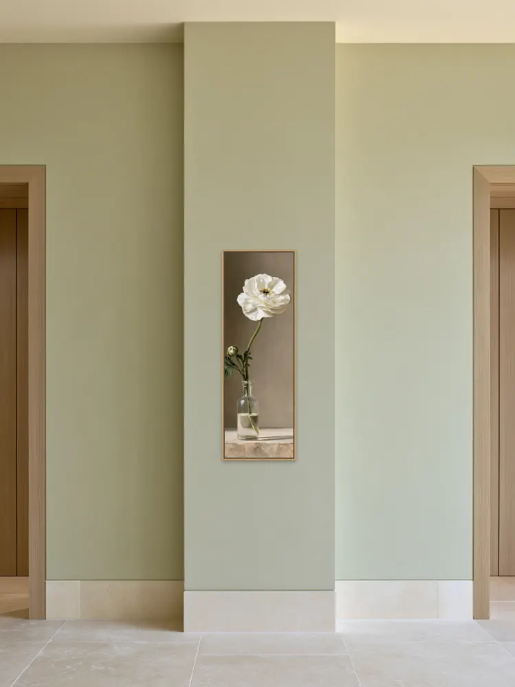 A ranunculus still life as a floating-frame canvas in the Sage tall doorway pier