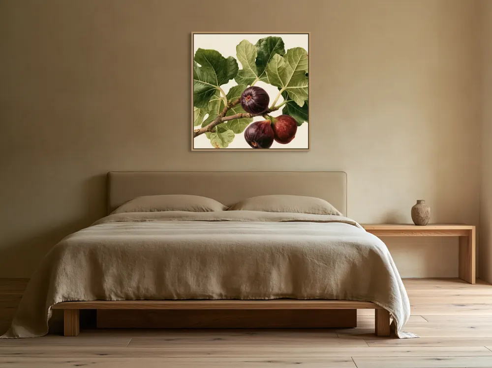 A watercolour fig botanical as a floating-frame canvas in the Japandi low bed