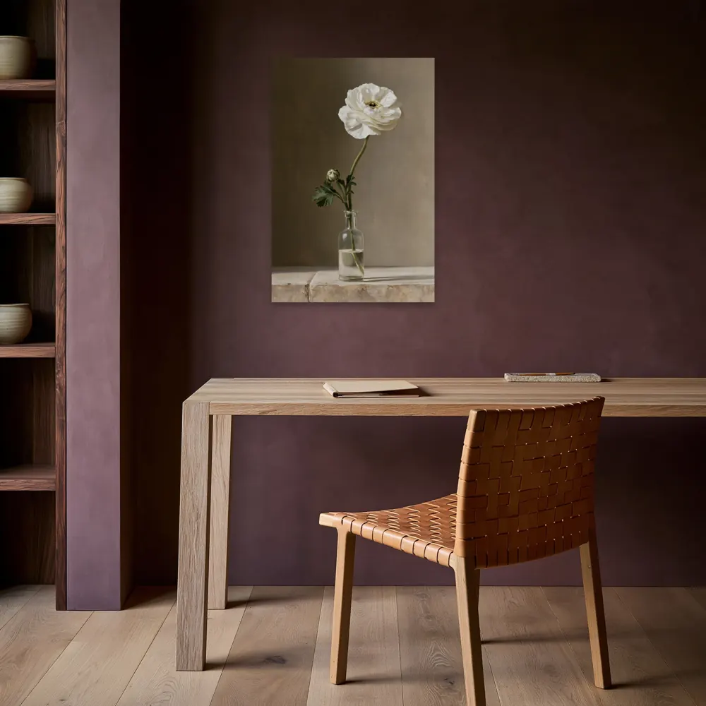 A ranunculus still life as a stretched canvas in the Aubergine writing alcove