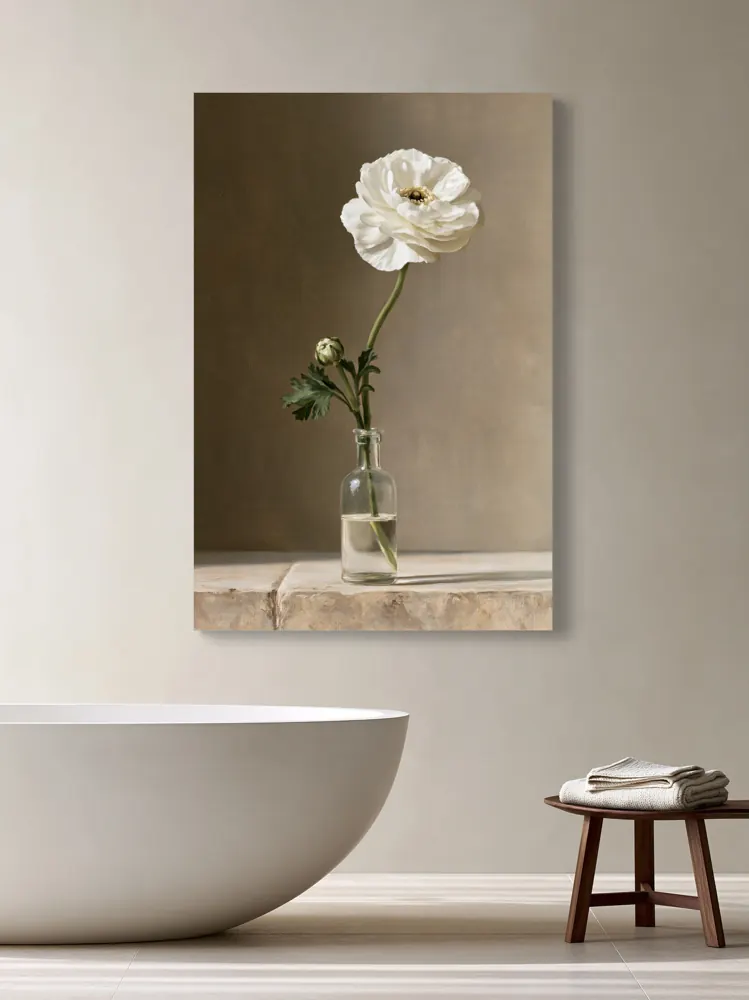 A ranunculus still life as a stretched canvas in the Bathroom dry wall