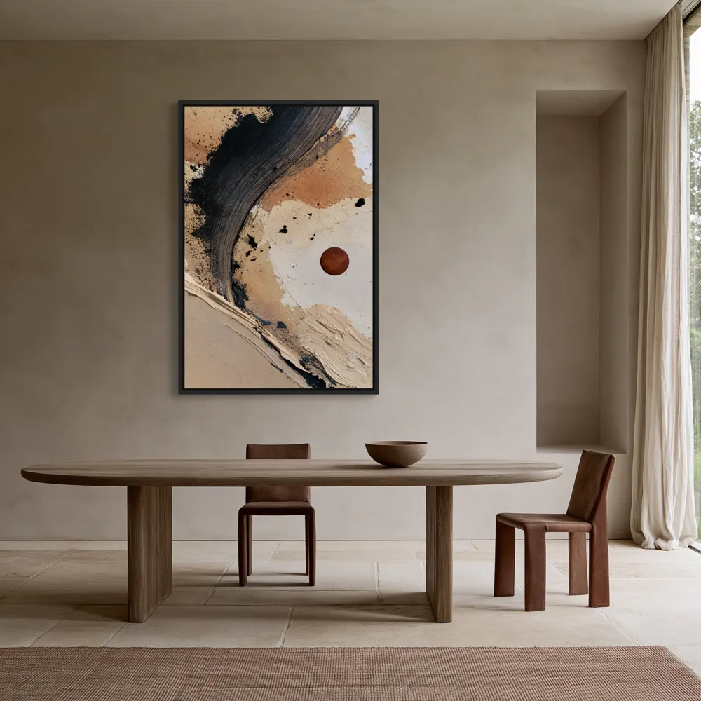 A textured neutral abstract as a black floating-frame canvas in the Belgian linen dining room