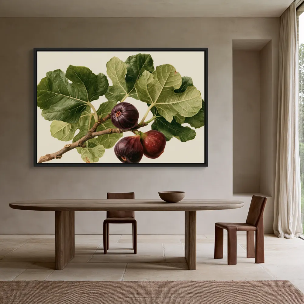 A watercolour fig botanical as a black floating-frame canvas in the Belgian linen dining room
