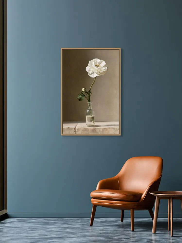 A ranunculus still life as a natural oak floating-frame canvas in the Blue executive reading room