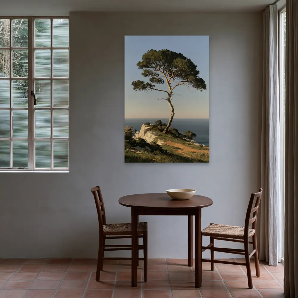 An umbrella pine oil painting as a stretched canvas in the Blue-grey garden dining bay