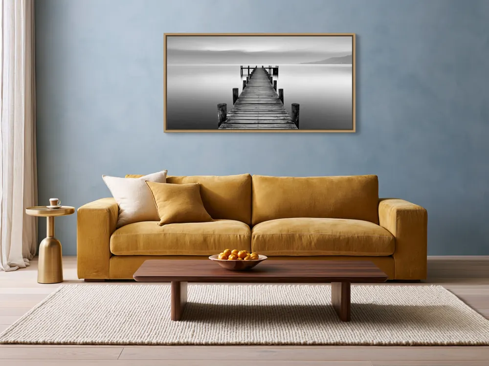 Blue-grey living, mustard sofa