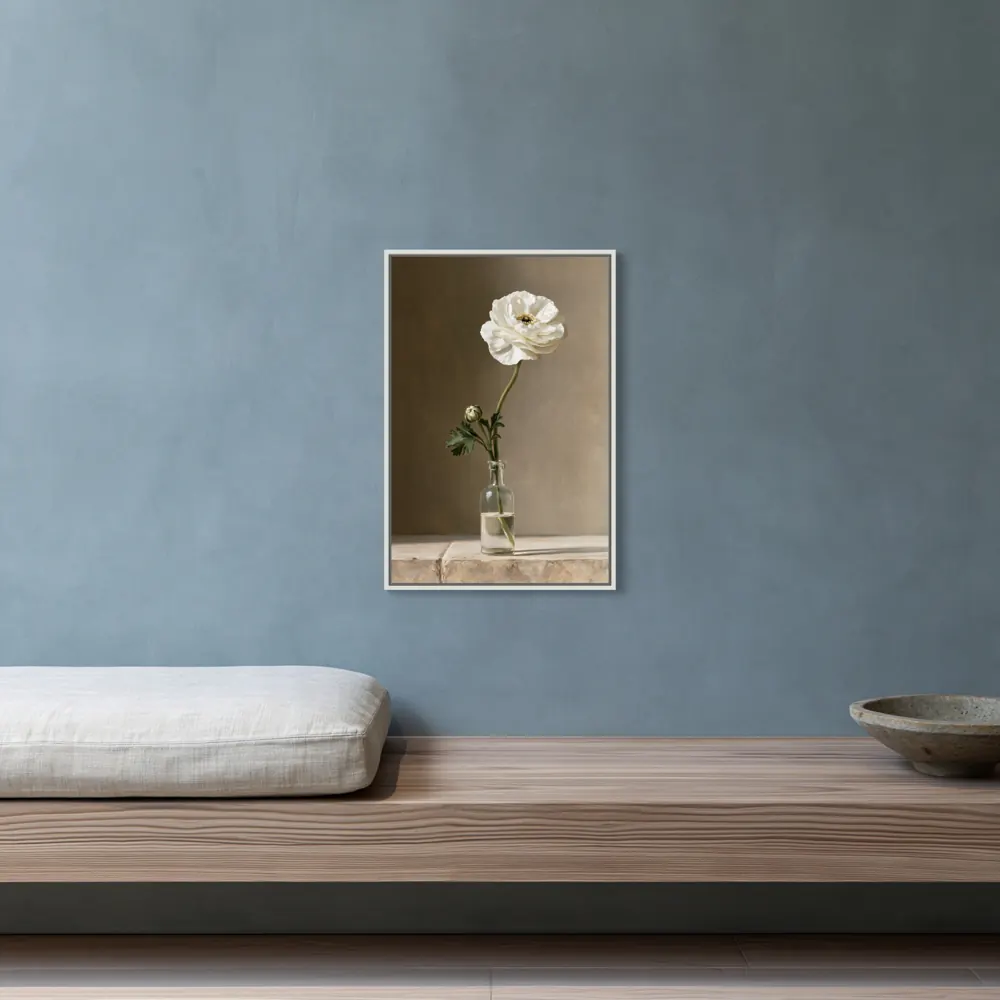 A ranunculus still life as a white floating-frame canvas in the Blue-grey wellness pair