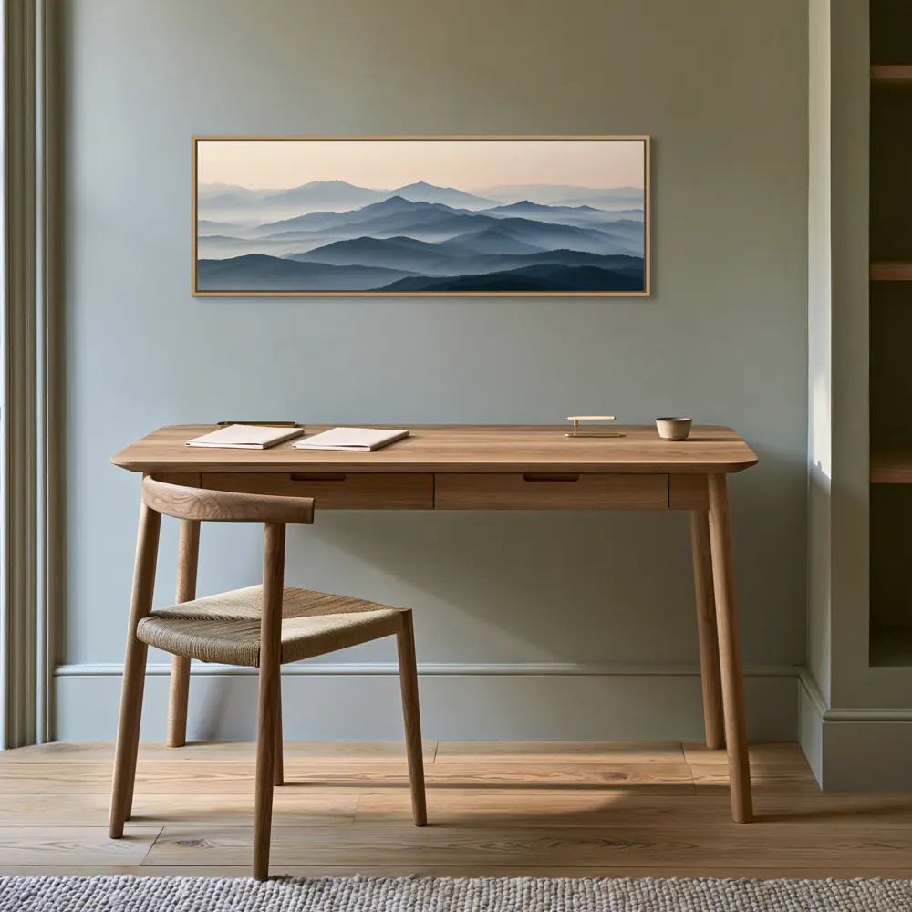 A misty mountain panorama as a natural oak floating-frame canvas in the Blue-grey writing room