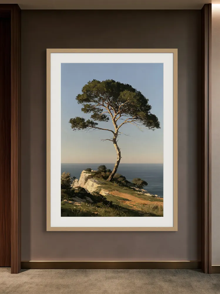 An umbrella pine oil painting as a natural oak framed print with a white mat in the Boutique hotel corridor