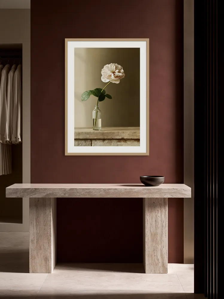 A garden rose still life as a natural oak framed print with a white mat in the Burgundy dressing-room passage
