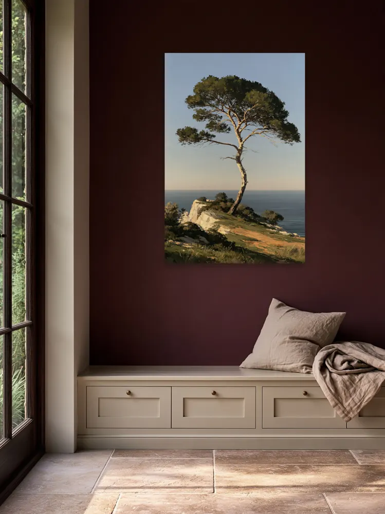 An umbrella pine oil painting as a stretched canvas in the Burgundy tailored boot room