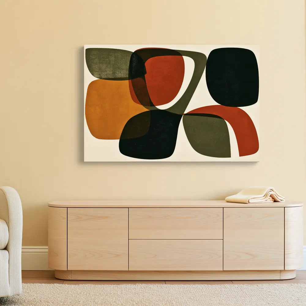 A mid-century abstract as a stretched canvas in the Butter-yellow nursery dresser