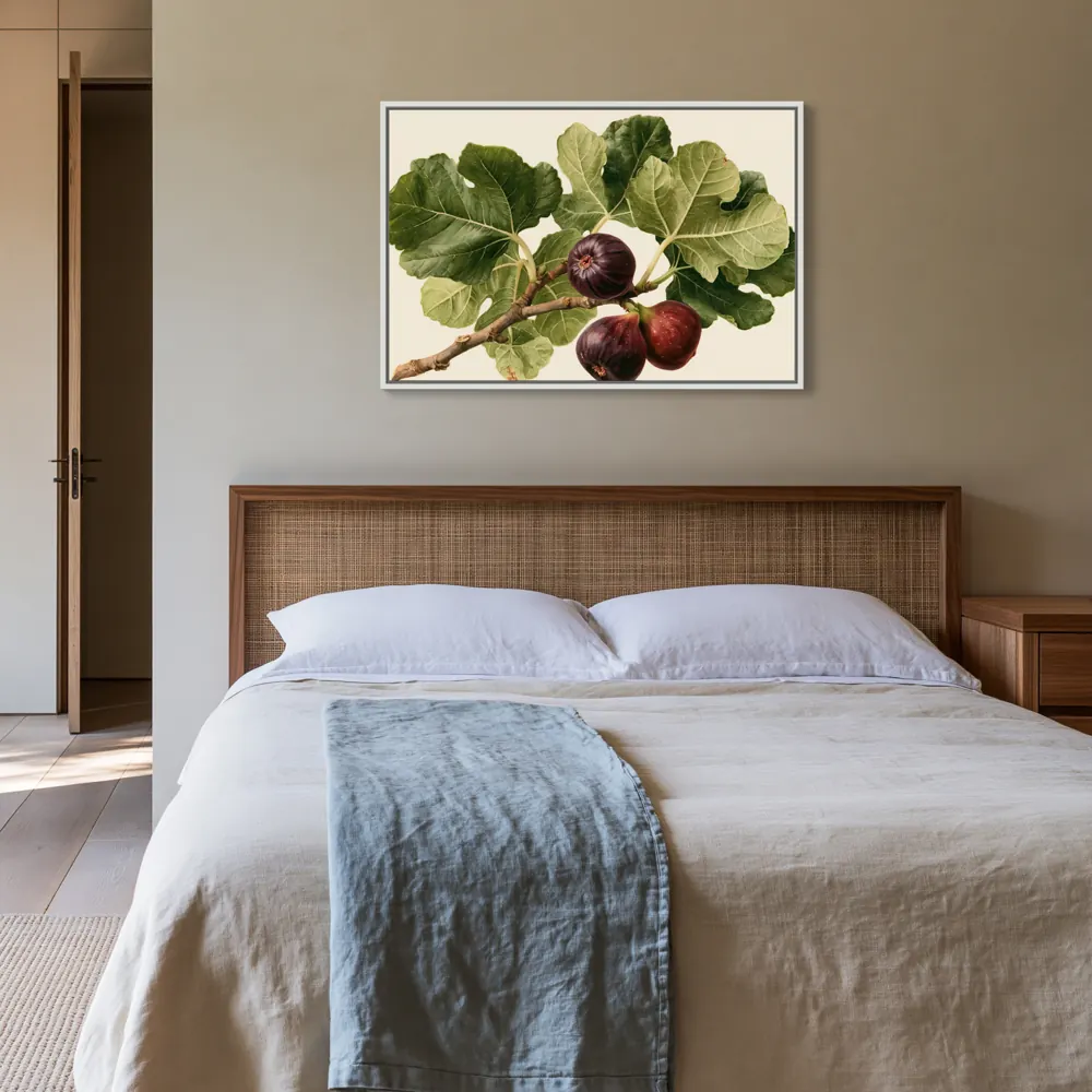 A watercolour fig botanical as a white floating-frame canvas in the Buttermilk and cane guest suite