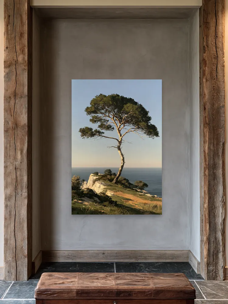 An umbrella pine oil painting as a stretched canvas in the Cabin timber bay
