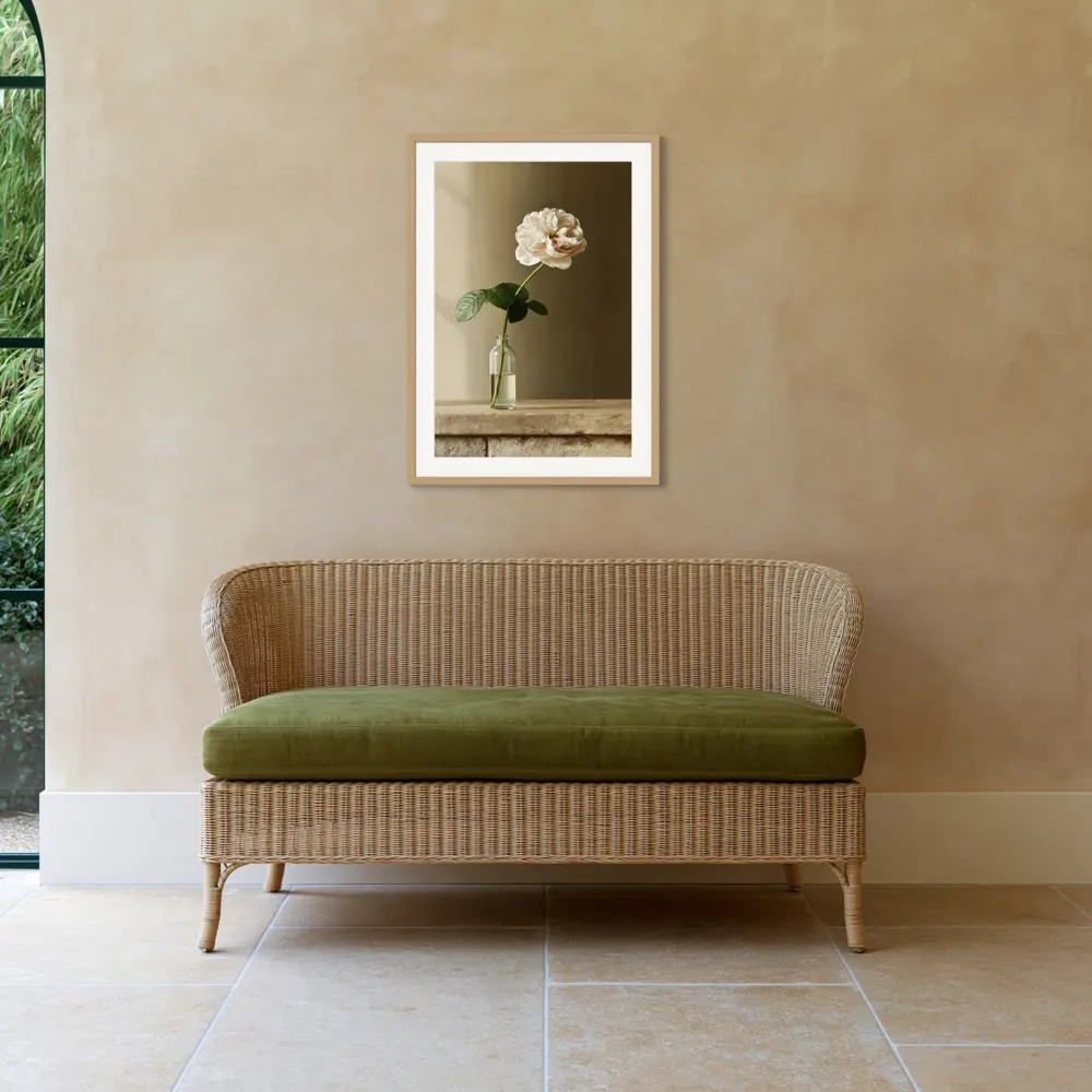 A garden rose still life as a natural oak framed print with a white mat in the Cane conservatory pair
