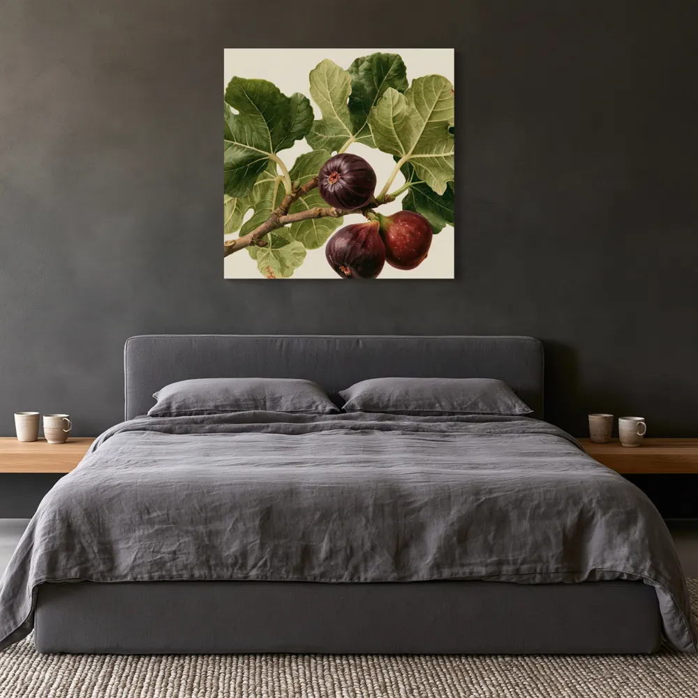 A watercolour fig botanical as a stretched canvas in the Charcoal bedroom, centred bed