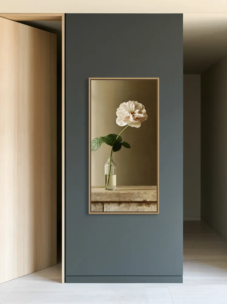 A garden rose still life as a natural oak floating-frame canvas in the Charcoal tall passage pier