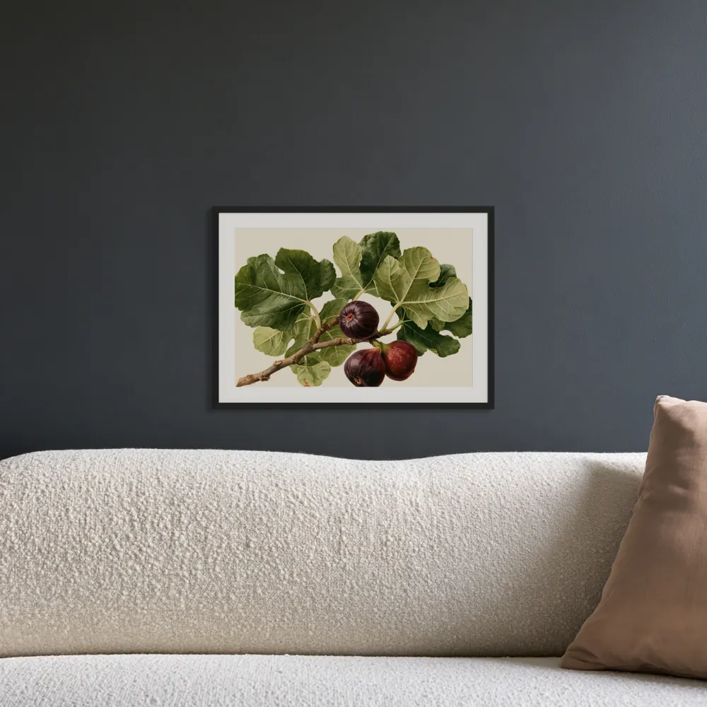 A watercolour fig botanical as a black framed print with a white mat in the Charcoal wall and ivory boucle