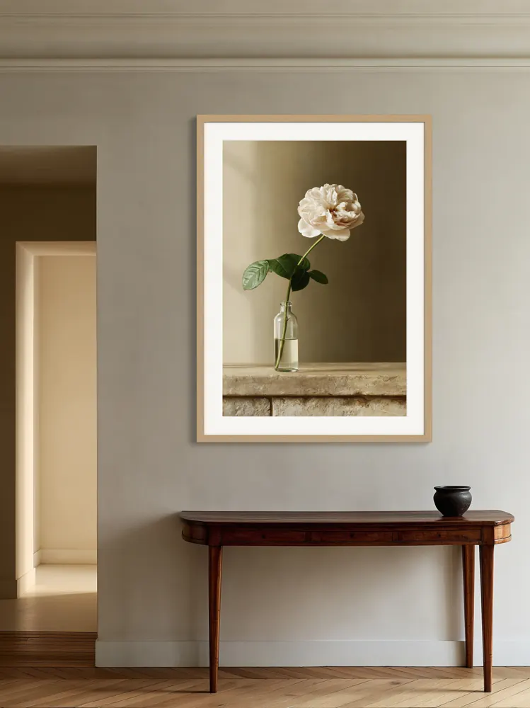 A garden rose still life as a natural oak framed print with a white mat in the Chestnut collector console
