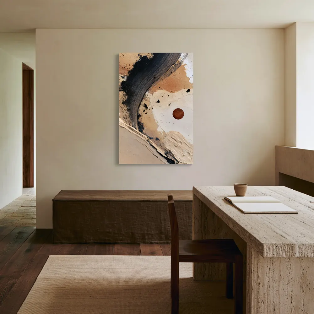A textured neutral abstract as a stretched canvas in the Chocolate and travertine home office