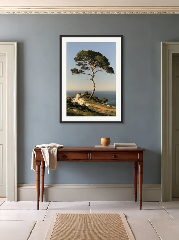An umbrella pine oil painting as a black framed print with a white mat in the Classical blue-grey entrance