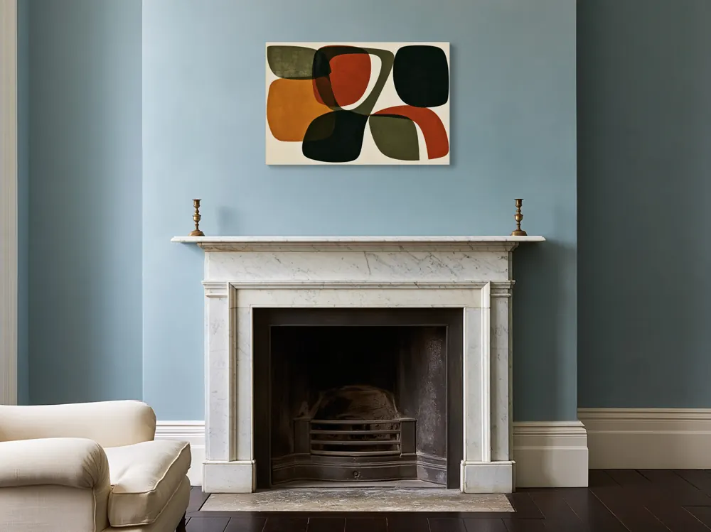 A mid-century abstract as a stretched canvas in the Classical fireplace salon