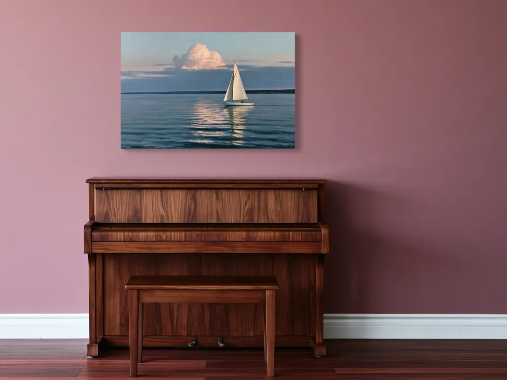 A sailboat-at-dusk oil painting as a stretched canvas in the Closed piano music room