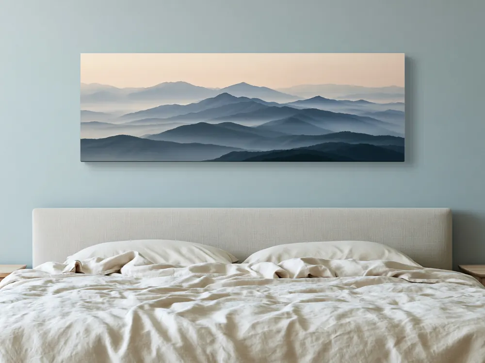 A misty mountain panorama as a stretched canvas in the Coastal linen bedroom pair