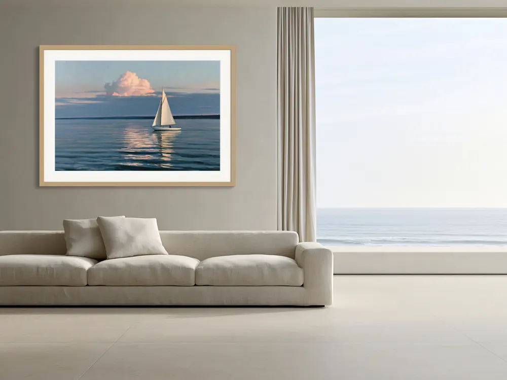 A sailboat-at-dusk oil painting as a natural oak framed print with a white mat in the Coastal living room with sea view