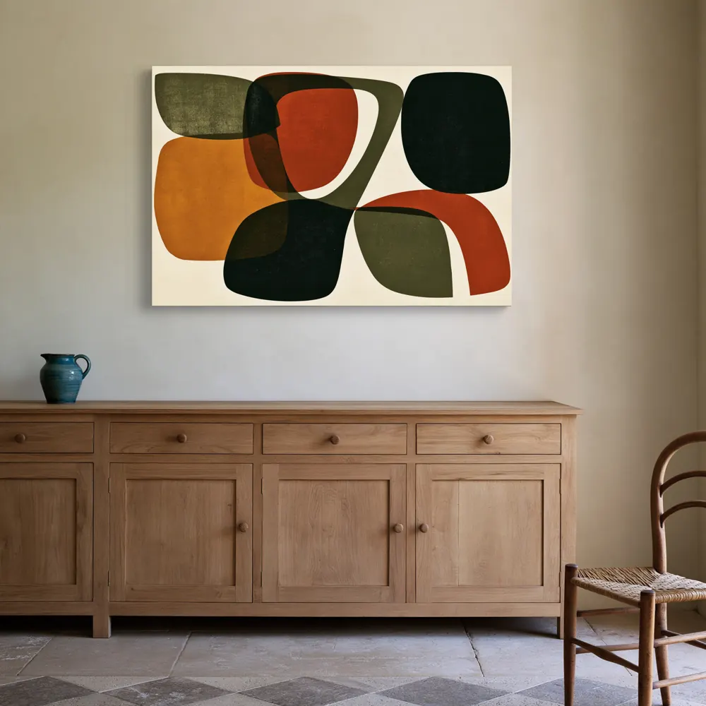 A mid-century abstract as a stretched canvas in the Cream country kitchen dresser