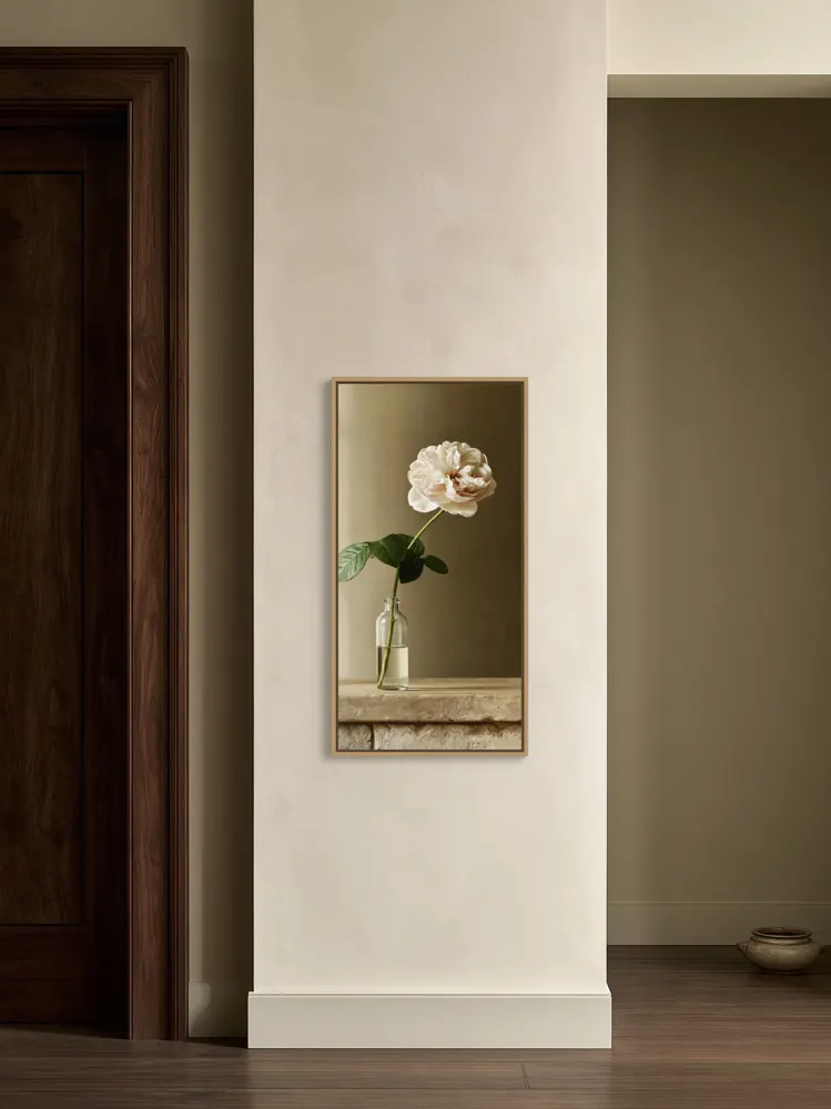 A garden rose still life as a natural oak floating-frame canvas in the Cream doorway pier