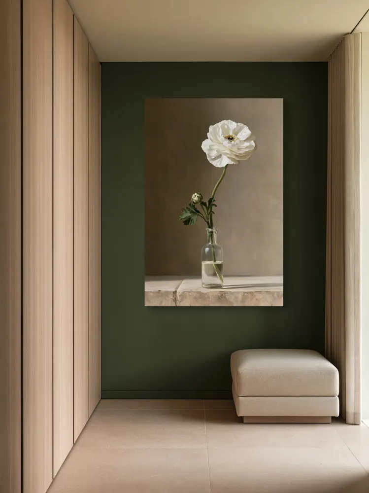 A ranunculus still life as a stretched canvas in the Deep-green wardrobe passage