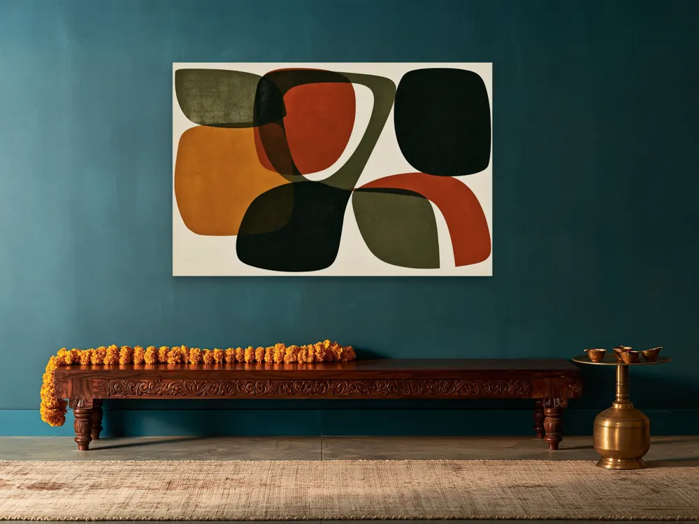 A mid-century abstract as a stretched canvas in the Diwali living room on a teal wall