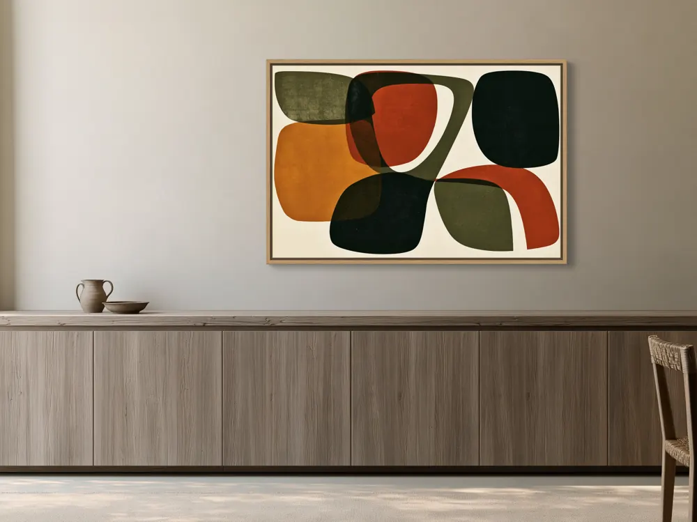 A mid-century abstract as a natural oak floating-frame canvas in the elm-sideboard
