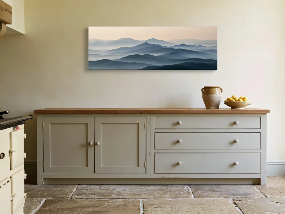 A misty mountain panorama as a stretched canvas in the Farmhouse kitchen dresser run