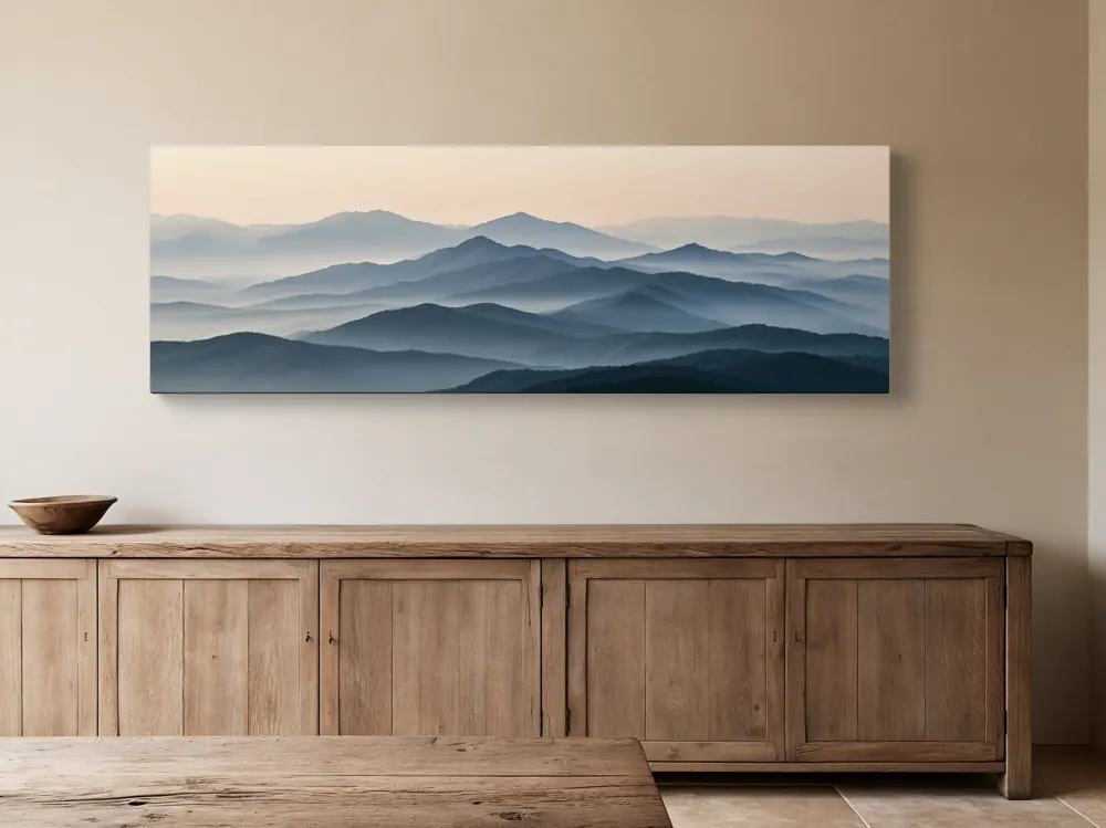 A misty mountain panorama as a stretched canvas in the Farmhouse oak dining trio