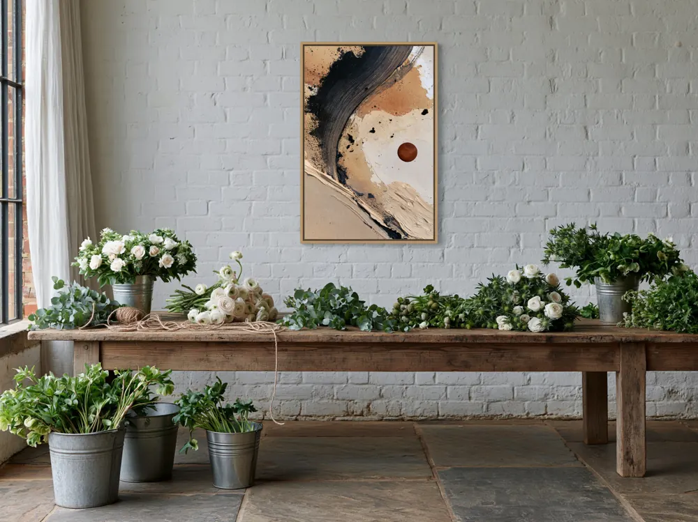 A textured neutral abstract as a natural oak floating-frame canvas in the Florist studio
