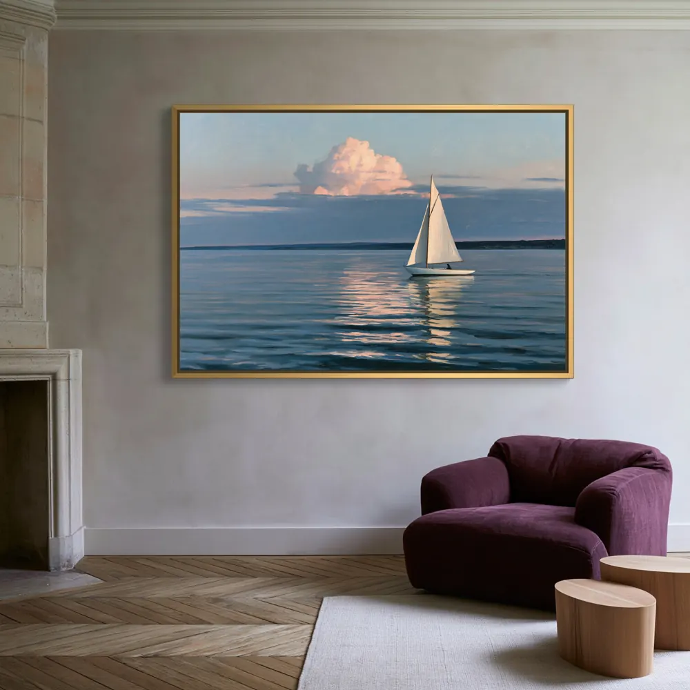 A sailboat-at-dusk oil painting as a gold floating-frame canvas in the French hearth-side art bay