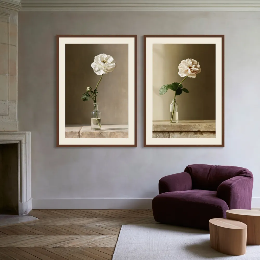 A matched set of original artworks as a a pair of walnut framed prints with mats in the French hearth-side art bay