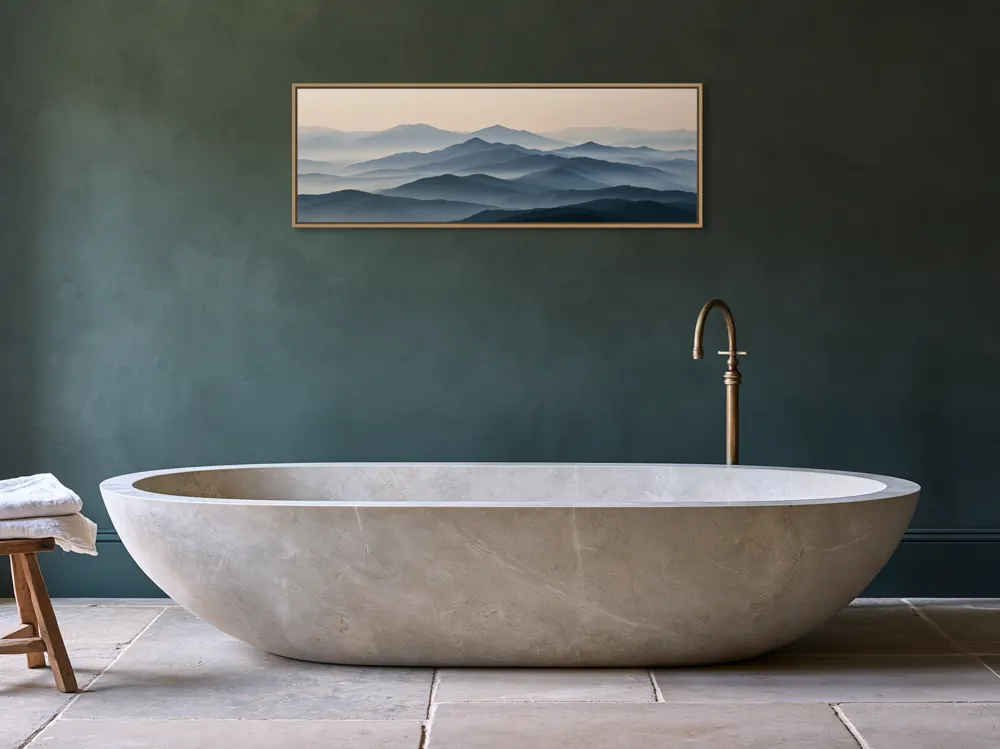 Green limewash bathroom with stone tub