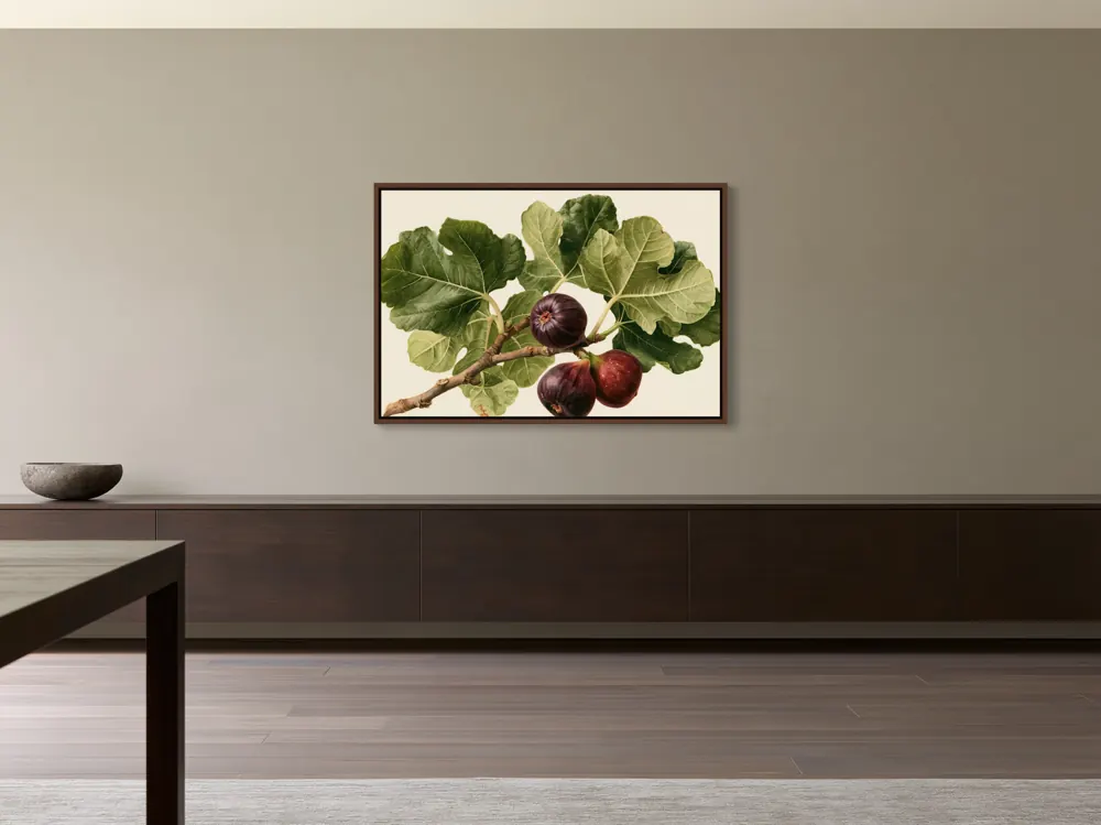 A watercolour fig botanical as a walnut floating-frame canvas in the Greige dining wall