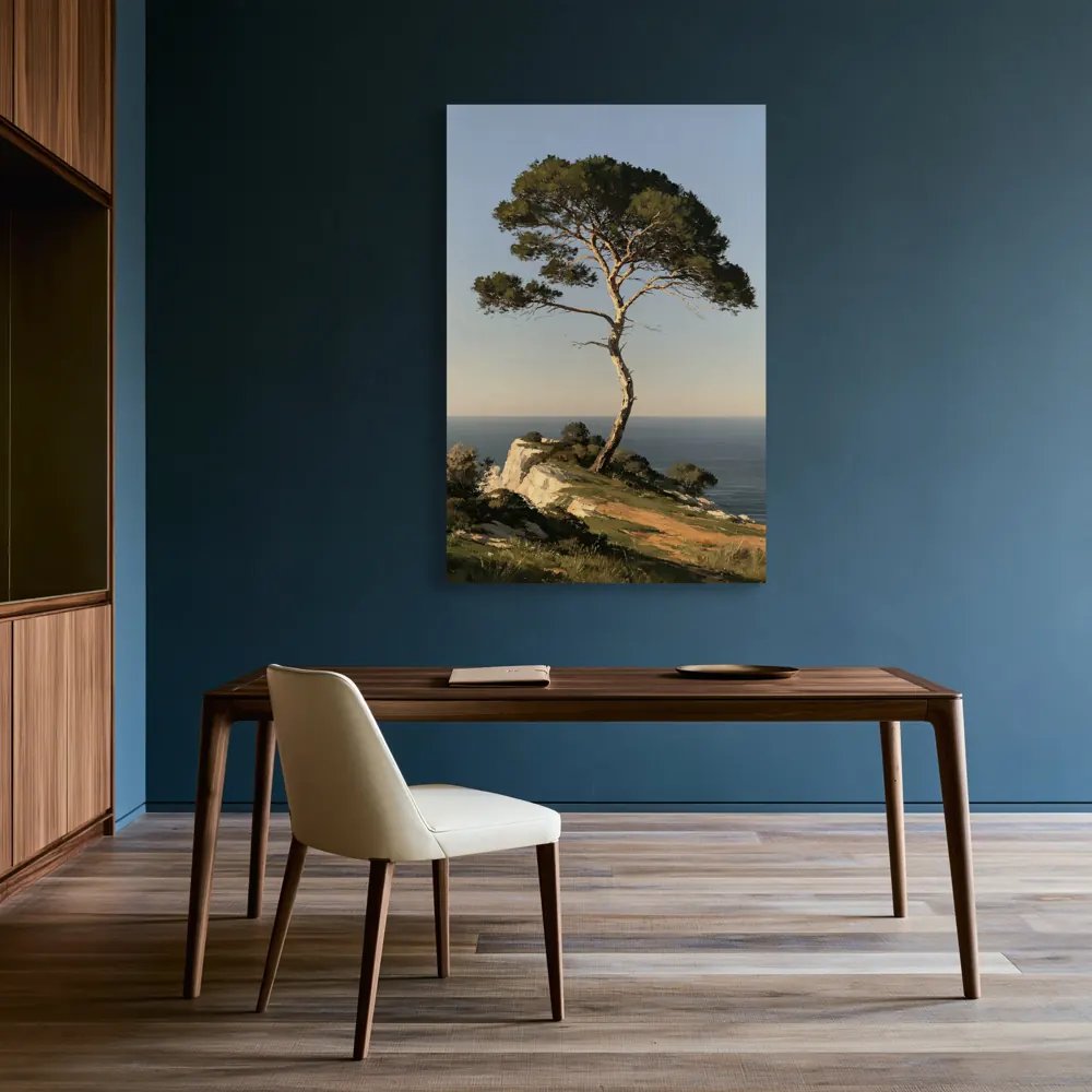An umbrella pine oil painting as a stretched canvas in the Ink-blue writing cabinet