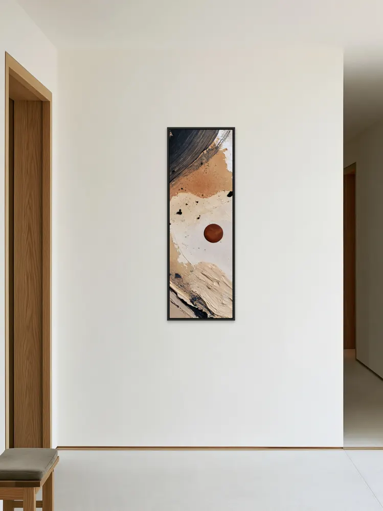 A textured neutral abstract as a black floating-frame canvas in the Ivory landing wall