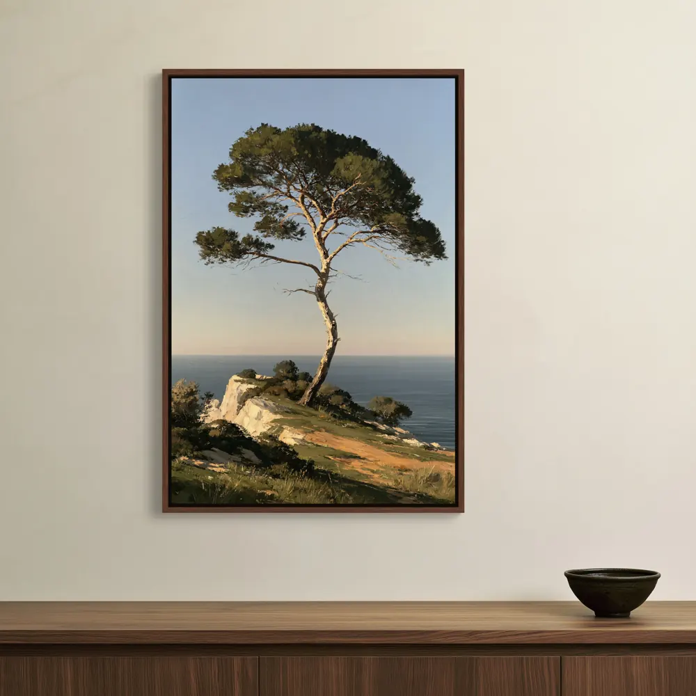 An umbrella pine oil painting as a walnut floating-frame canvas in the Ivory plaster feature wall