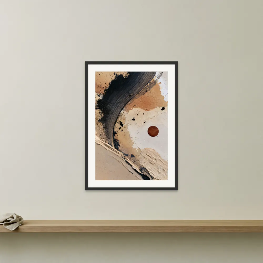 A textured neutral abstract as a black framed print with a white mat in the Ivory wall above a floating shelf
