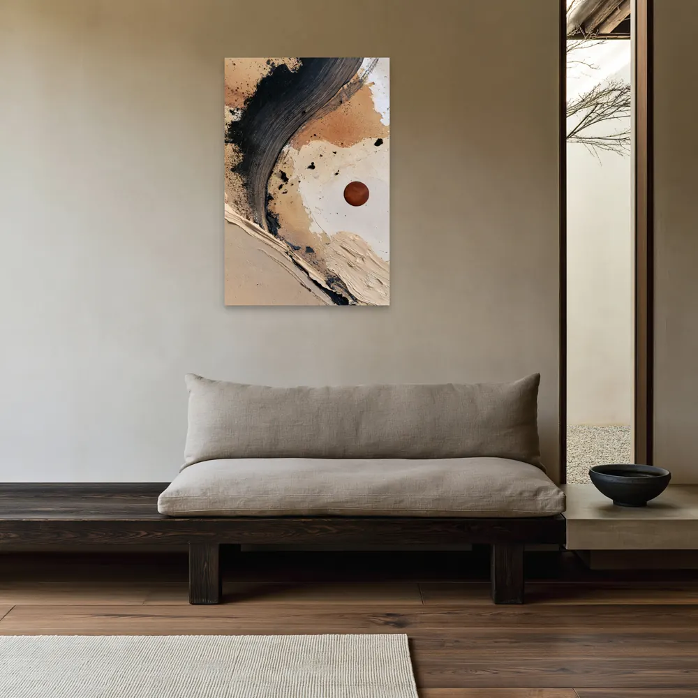 A textured neutral abstract as a stretched canvas in the Japanese courtyard sitting room