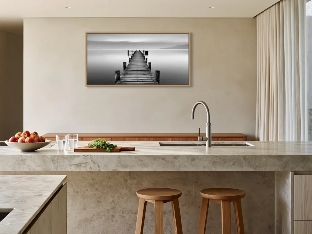 Kitchen island view to end wall